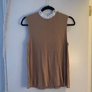 Ann Taylor Sleeveless Tan Ribbed Top with White Lace Collar